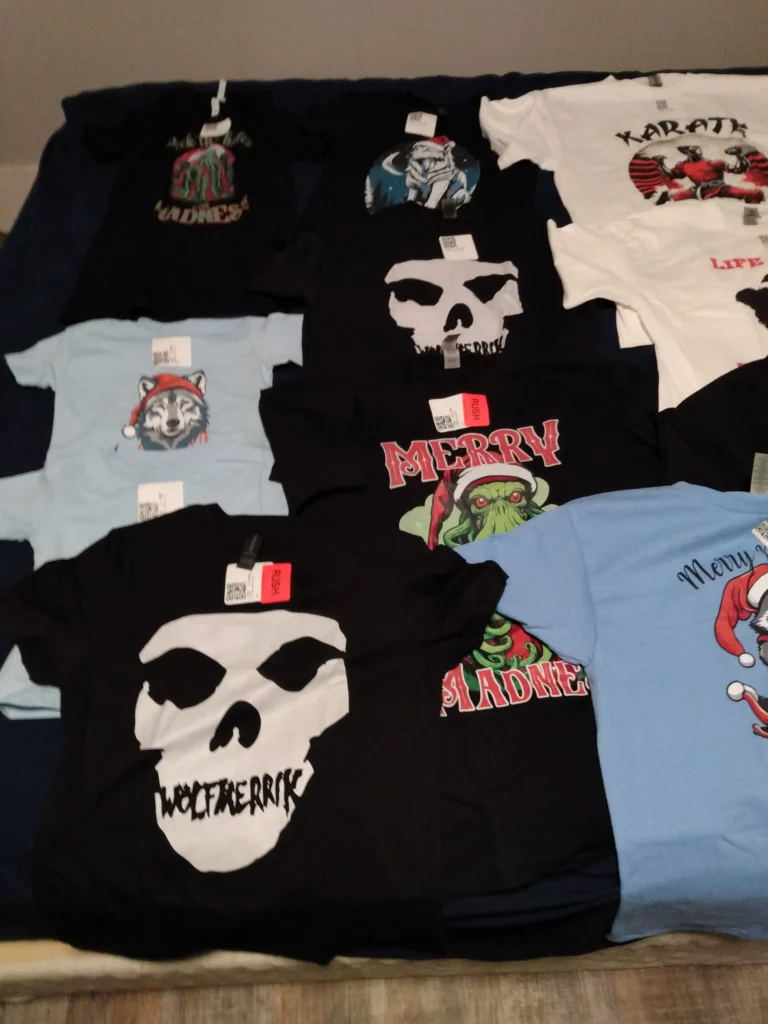 A Large collection of Print On Demand test/proof shirts