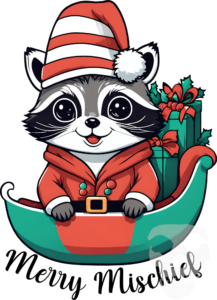 Merry Mischief Raccoon Christmas Sleigh Design