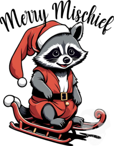 Merry Mischief Sledding Raccoon Design